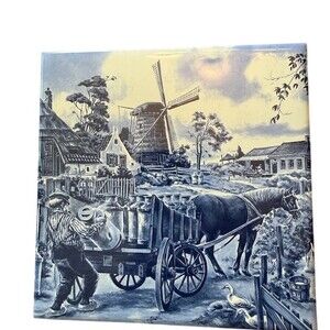 Delft Blue Dutch Farm Scene Tile Windmill Horse Cart Blue White 6x6
